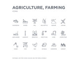 simple set of agriculture, farming vector line icons. contains such icons as harvest, harvester, hay bale, hen, hive, honey, honeycomb, hose, insecticide and more. editable pixel perfect.