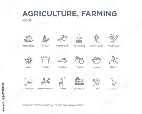 simple set of agriculture, farming vector line icons. contains such icons as sickle, silo, smart farm, sprayer, spring flower, sprinkler, sprout, sugar, tomato and more. editable pixel perfect.