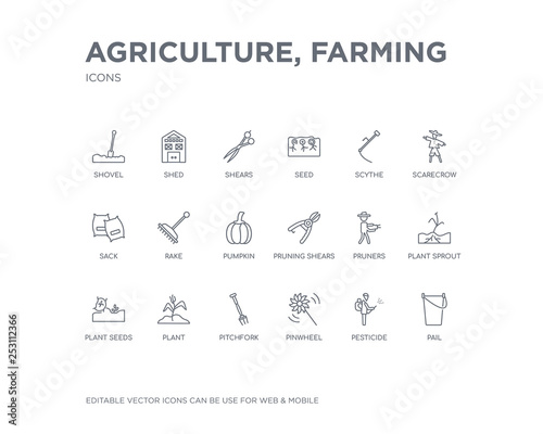 simple set of agriculture, farming vector line icons. contains such icons as pail, pesticide, pinwheel, pitchfork, plant, plant seeds, plant sprout, pruners, pruning shears and more. editable pixel