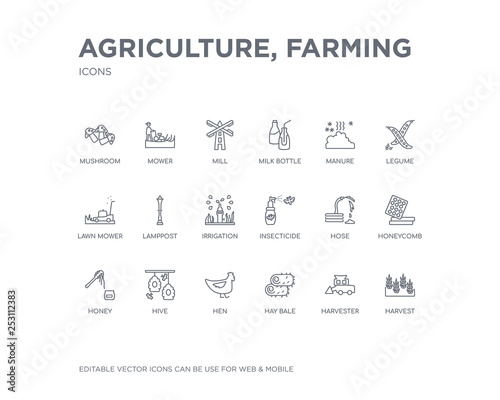 simple set of agriculture, farming vector line icons. contains such icons as harvest, harvester, hay bale, hen, hive, honey, honeycomb, hose, insecticide and more. editable pixel perfect.