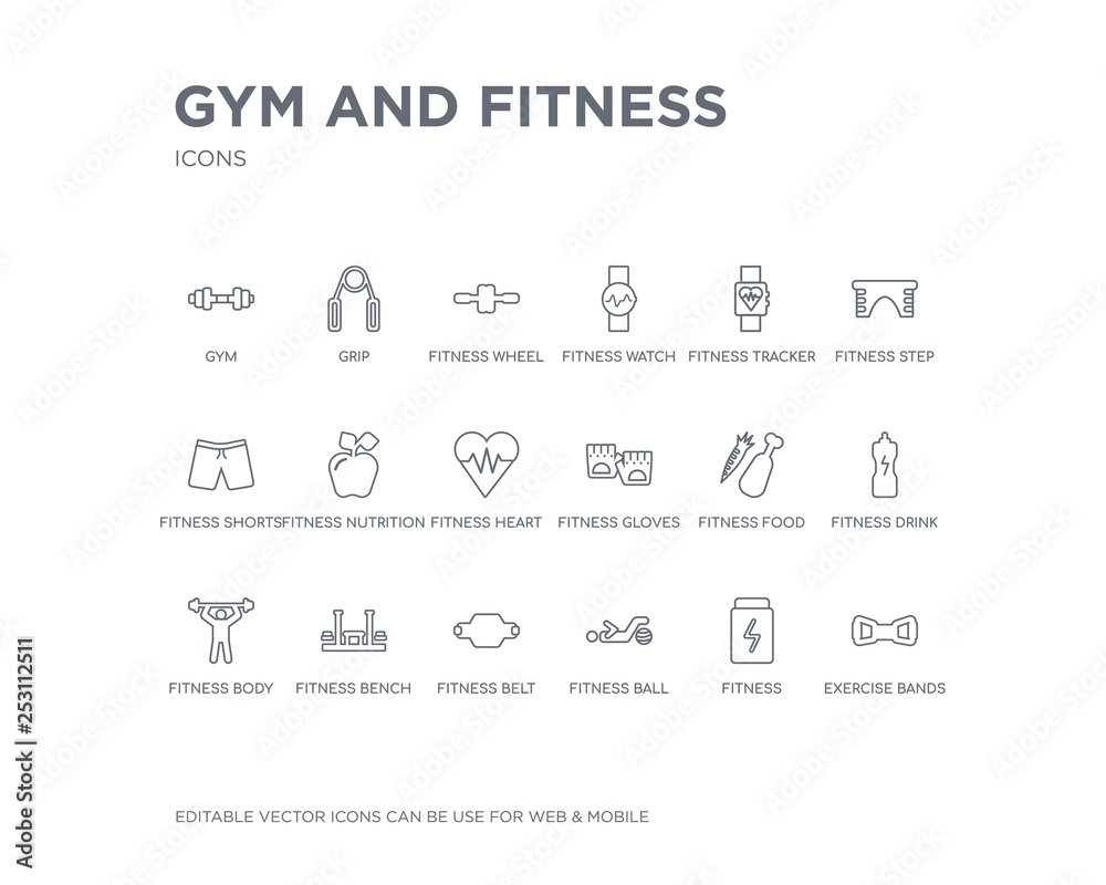 simple set of gym and fitness vector line icons. contains such icons as exercise bands, fitness, fitness ball, belt, bench, body, drink, food, gloves and more. editable pixel perfect.