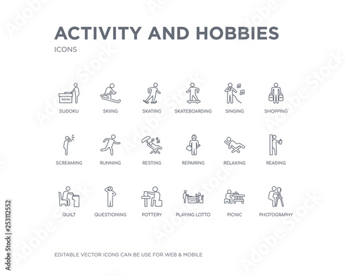 simple set of activity and hobbies vector line icons. contains such icons as photography, picnic, playing lotto, pottery, questioning, quilt, reading, relaxing, repairing and more. editable pixel