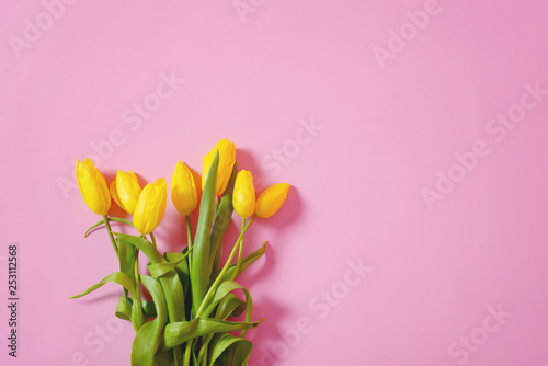 Yellow tulips bouquet on pink background. View from the top. The concept of the holiday and the trend. © NATALYA