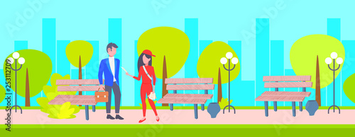 woman advertiser giving advertised flyers to businessman distributing concept city public park cityscape background full length flat horizontal