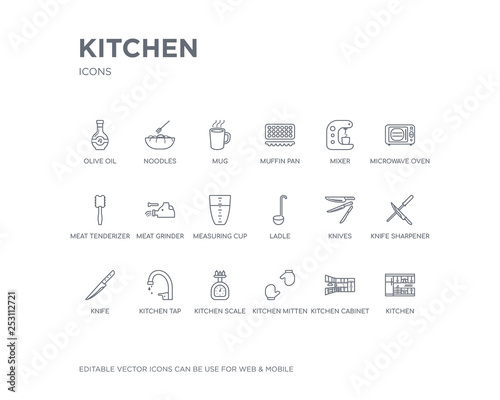 simple set of kitchen vector line icons. contains such icons as kitchen, kitchen cabinet, mitten, scale, tap, knife, knife sharpener, knives, ladle and more. editable pixel perfect.