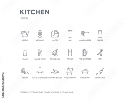 simple set of kitchen vector line icons. contains such icons as corkscrew, crock-pot, custard cup, cutting board, extractor hood, flour, fork, french press, fridge and more. editable pixel perfect.
