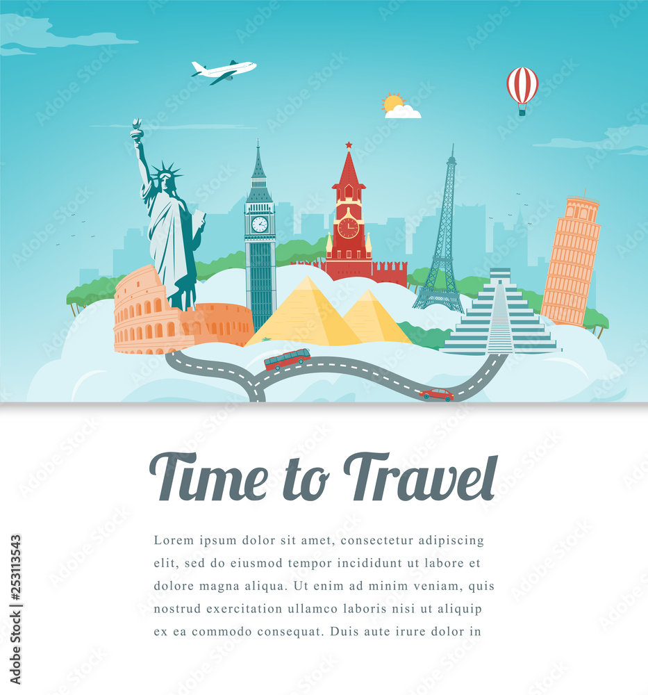 Travel composition with famous world landmarks. Travel and Tourism concept. Vector