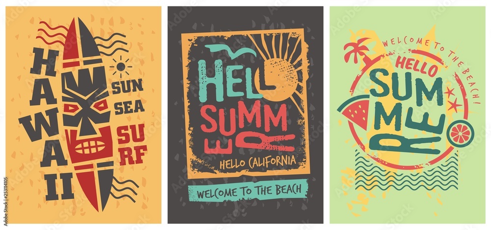 Summer shirts graphic designs set template. Tee print vectors. Hawaii, California, sun, ocean and surf.