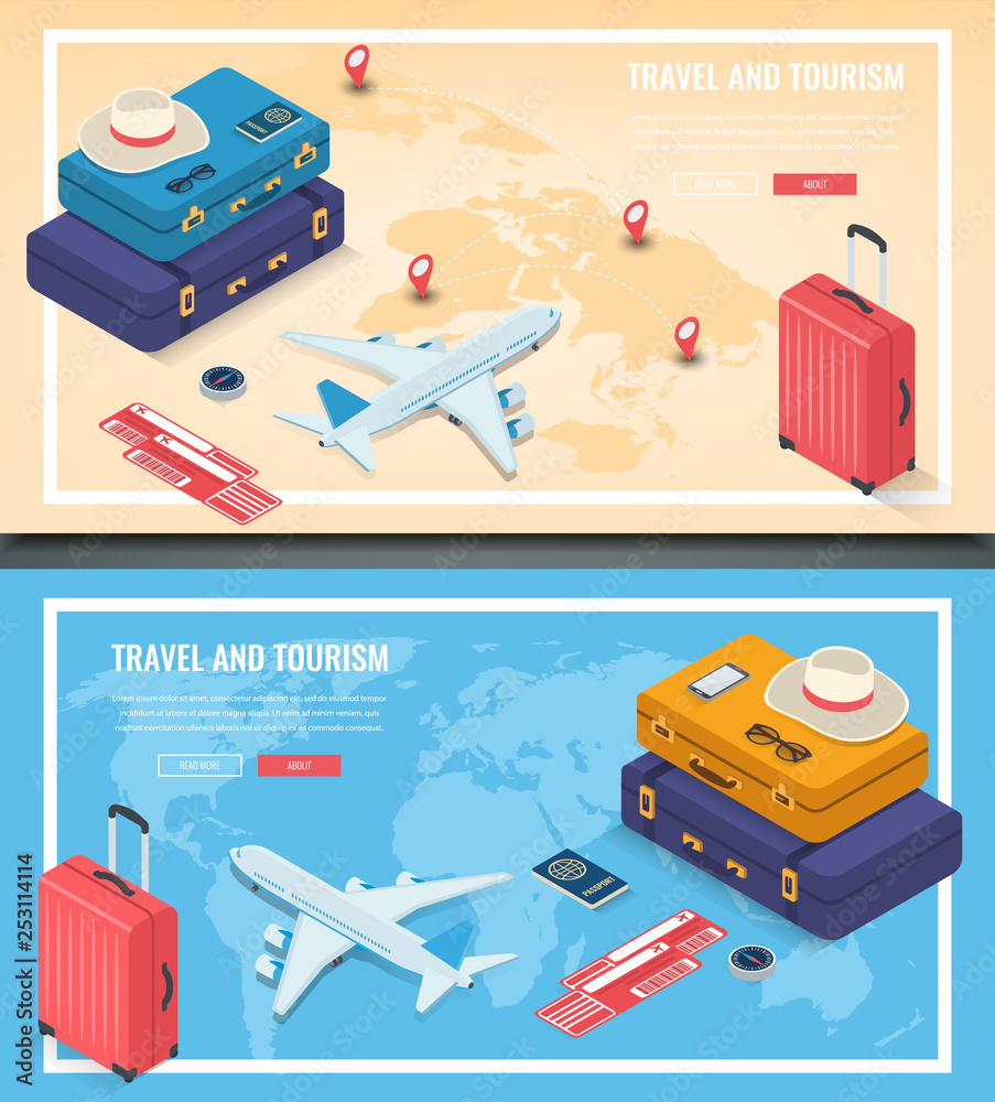 Travel banners in Isometric style. Travel and tourism. Concept website template. Vector Travel banners in Isometric style. Travel and tourism. Concept website template. Vector