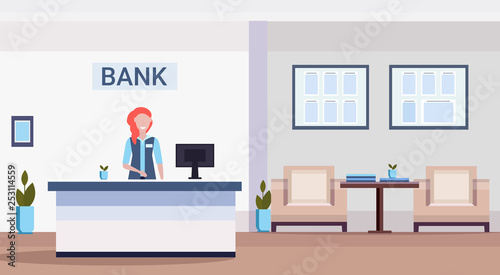 female specialist at reception counter financial consulting center with waiting room and reception modern bank office interior horizontal flat