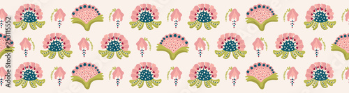 Pretty indian floral bloom border pattern. Seamless repeating. Hand drawn ornate vector illustration. Ornamental stylized flowwer grid on trendy pink ribbon trim. Spring fashion, retro home decor.