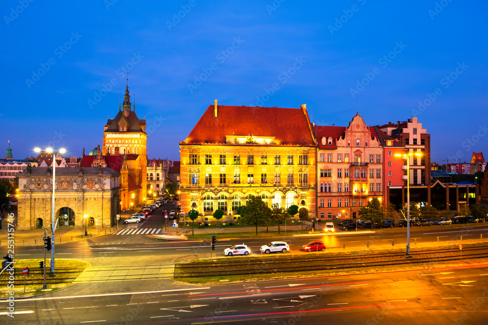 Sunset view of Brama Wyzynna and other historical buildings in Gdansk, Poland