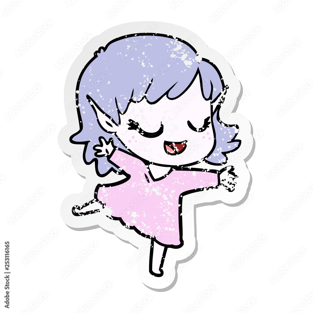 distressed sticker of a happy cartoon elf girl distressed sticker of a happy cartoon elf girl
