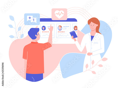 A young man chooses a doctor online from home. Modern medicine, prevention of diseases, search for a specialist. Vector illustration.
