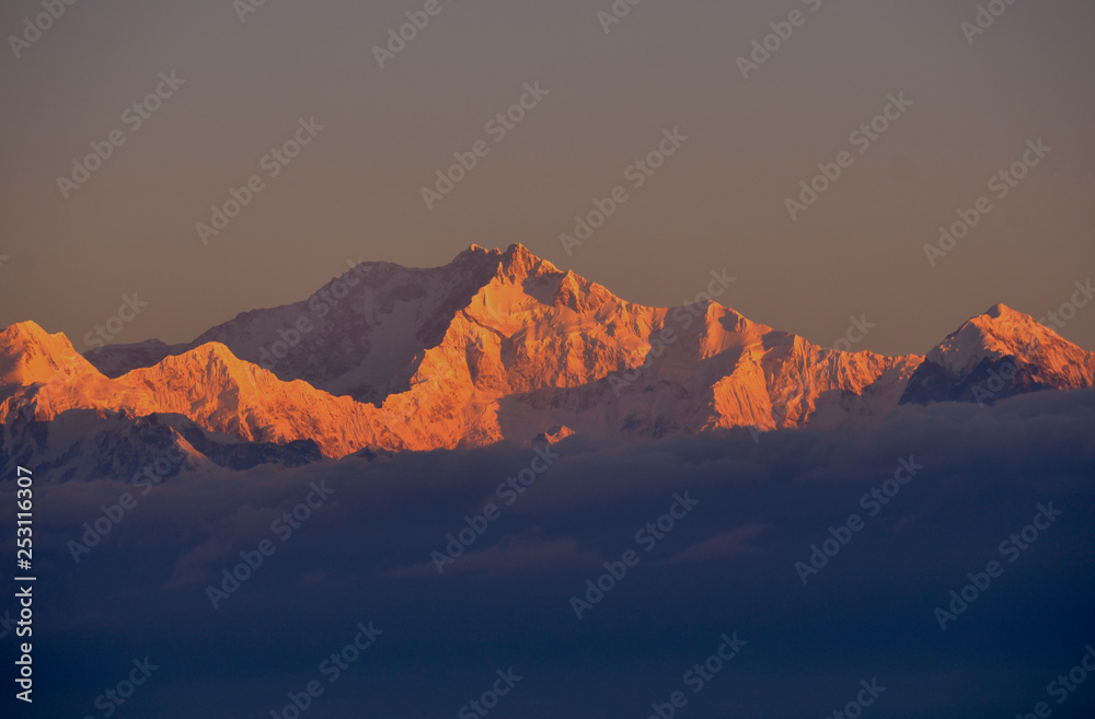 Mount Kanchenjunga as seen during a beautiful sunrise in Darjeeling, West Bengal