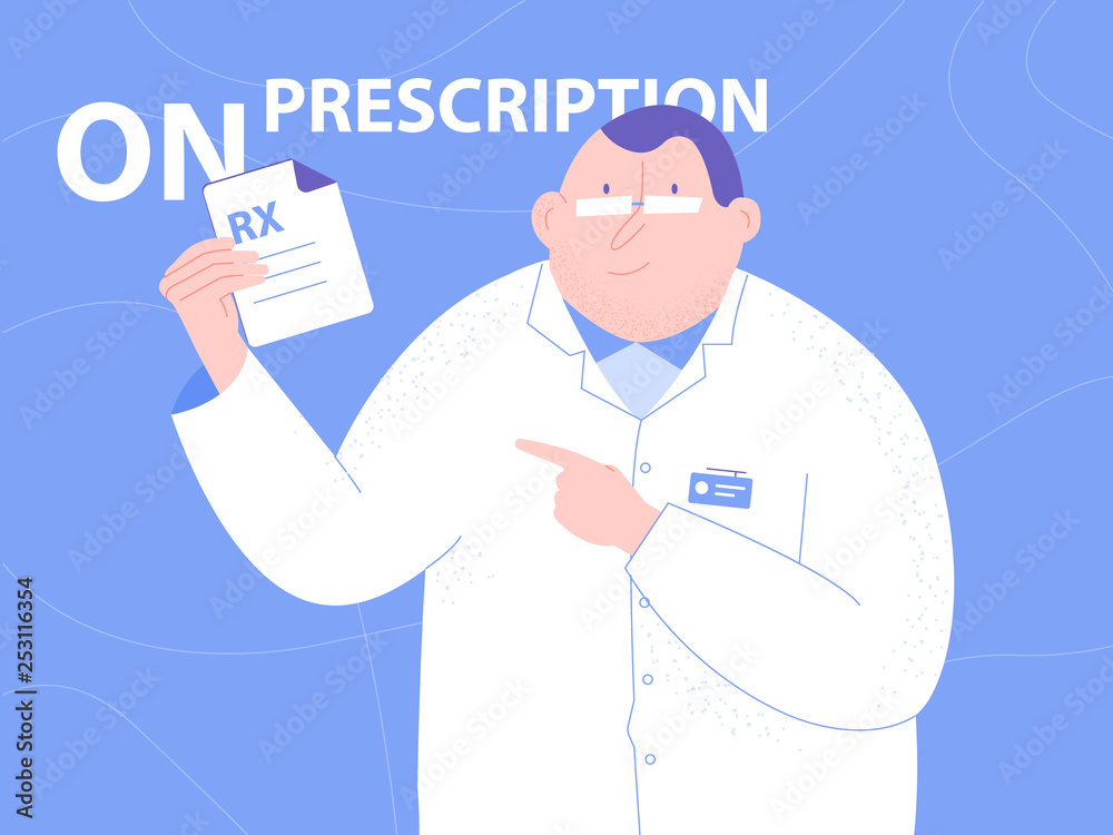 Cute character doctor man. In the hands of holding a prescription for medicine. Medical illustration. Vector on bright blue background. Cute character doctor man. In the hands of holding a prescription for medicine. Medical illustration. Vector on bright blue background.