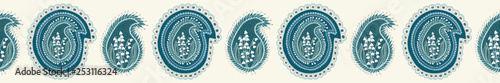 Hand drawn lily of the valley floral paisley damask illustration. Seamless vector arabesque pattern border ribbon. Traditional persian flower foulard drop motif. Decorative shawl fashion, home decor.