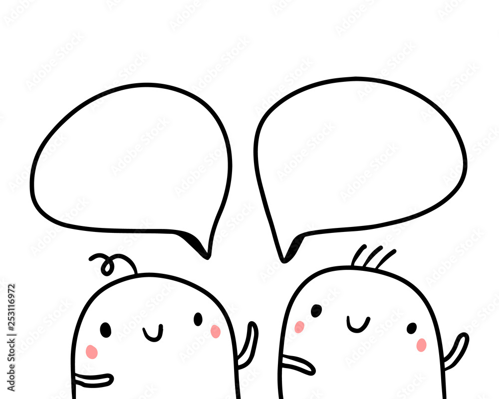 Two cute marshmallows talking hand drawn illustration with speech bubbles Two cute marshmallows talking hand drawn illustration with speech bubbles