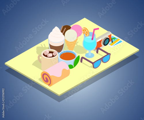 Tourist breakfast concept banner. Isometric banner of tourist breakfast vector concept for web, giftcard and postcard