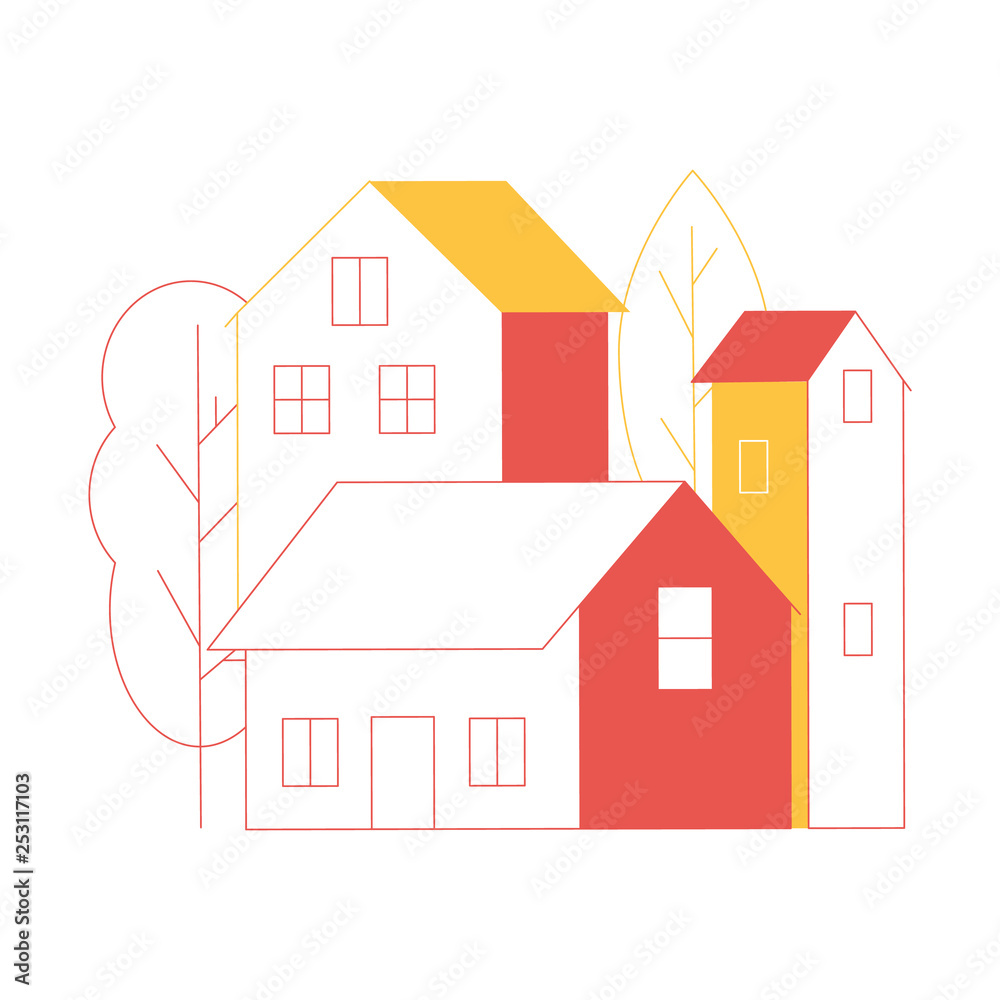 Minimalistic cityscape in two colors isolated on white background. Houses and trees. Colorful vector illustration.