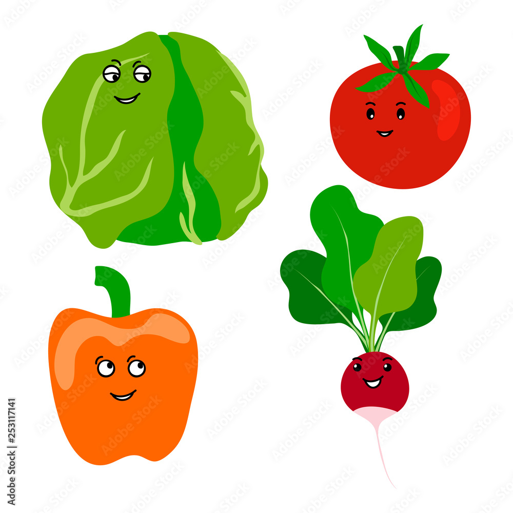 vector cute kawaii vegetables saalad paprika tomato radish face smile  childish illustration on white Stock Vector | Adobe Stock