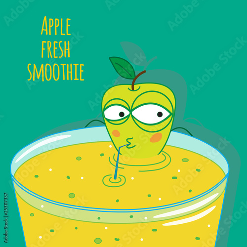 Cartoon apple smoothie vector illustration, cute fruit sitting in the glass and drinking healthy coctail. EPS 10.