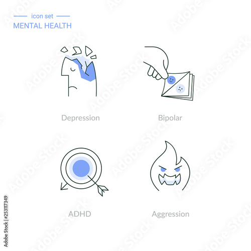Set of linear mental health icons: depression, bipolar disorder and mood swings, attention deficit hyperactivity syndrome, aggression.
