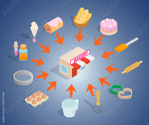 Bakery concept banner. Isometric banner of bakery vector concept for web, giftcard and postcard