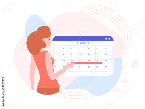 The girl is planning a month in the calendar. Vector illustration on pastel background.