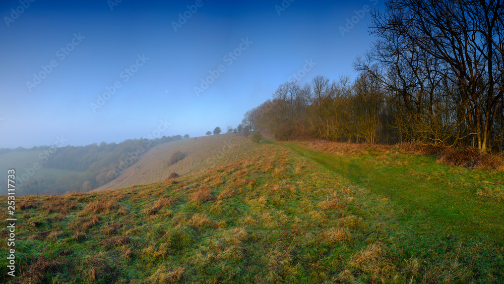 Misty morning over the Meon Valley from Beacon Hill near Exton, Hampshire, UK