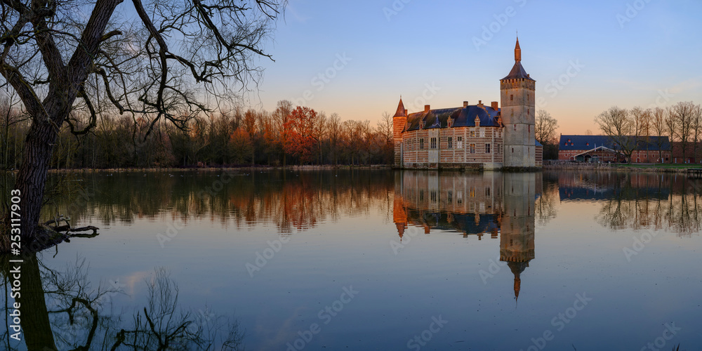 Calm sunset and reflections Kasteel van Horst near Holsbeek, Vlaanderen, Belgium Calm sunset and reflections Kasteel van Horst near Holsbeek, Vlaanderen, Belgium