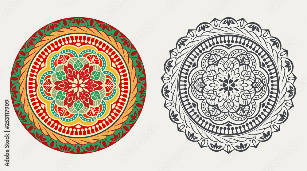 Colorful and black and white round floral element