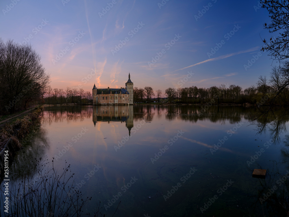 Calm sunset and reflections Kasteel van Horst near Holsbeek, Vlaanderen, Belgium
