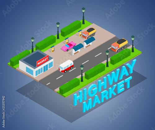 Highway market concept banner. Isometric banner of highway market vector concept for web  giftcard and postcard