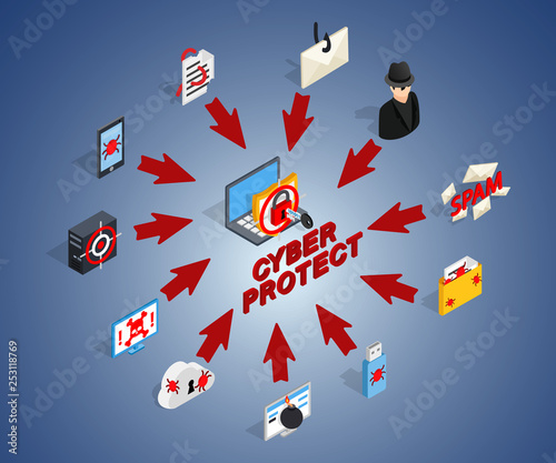 Cyber protect concept banner. Isometric banner of cyber protect vector concept for web, giftcard and postcard