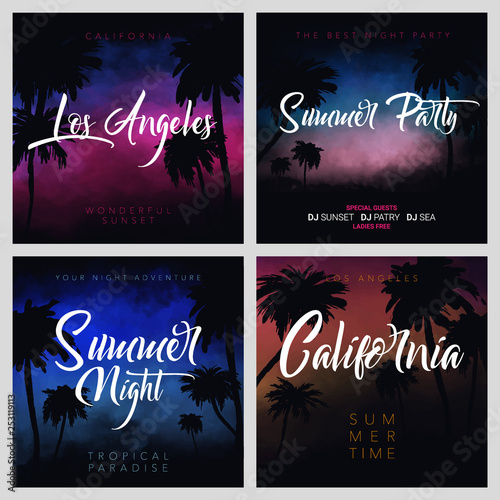 Set of Summer tropical backgrounds with palms, sky and sunset. Summer Time.
