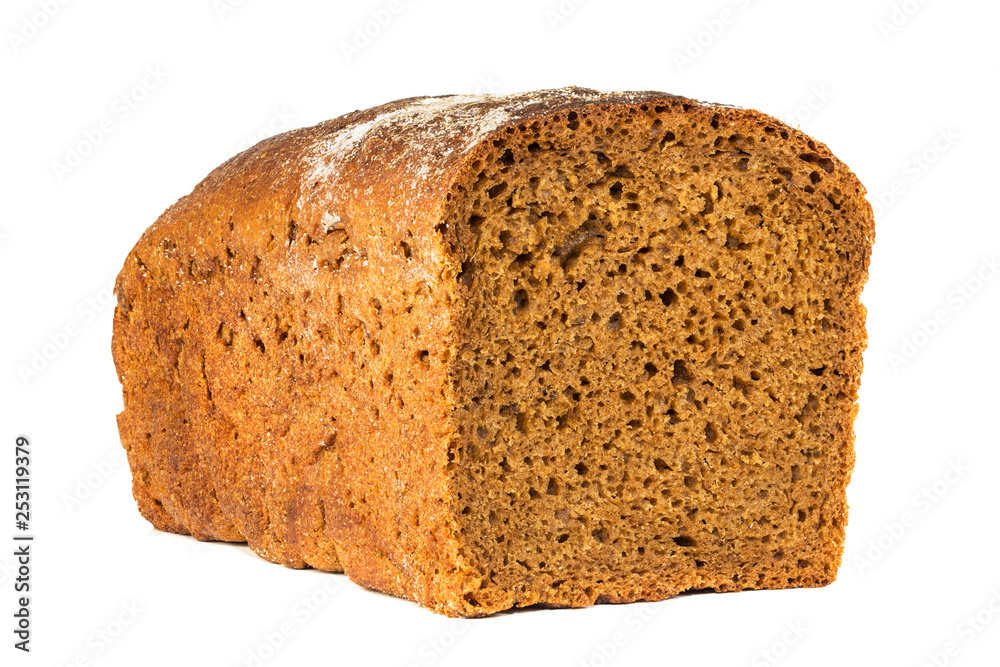 A traditional black square loaf of bread is isolated on a white background. Rye bread isolated on a white background. A traditional black square loaf of bread is isolated on a white background. Rye bread isolated on a white background.