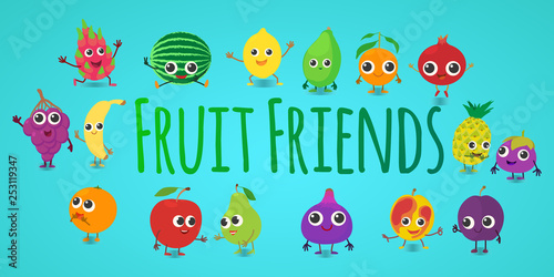 Fruit friends concept banner. Cartoon banner of fruit friends vector concept for web, giftcard and postcard