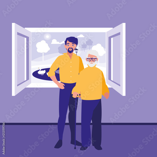cute grandfather with son characters