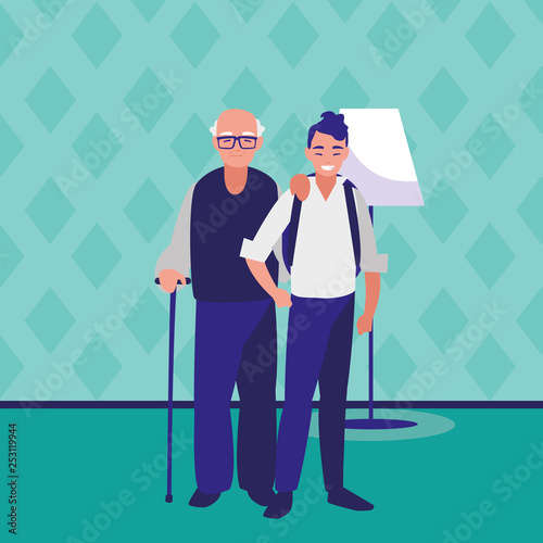 cute grandfather with son characters