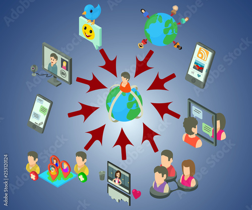 Social network concept banner. Isometric banner of social network vector concept for web, giftcard and postcard