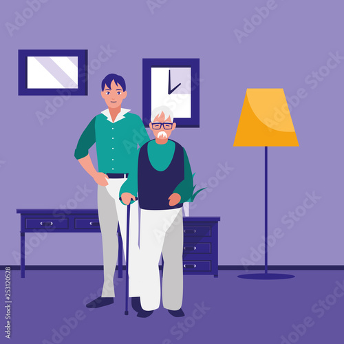 cute grandfather with son characters