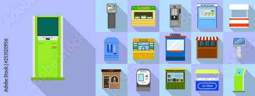 Kiosk icons set. Flat set of kiosk vector icons for web design