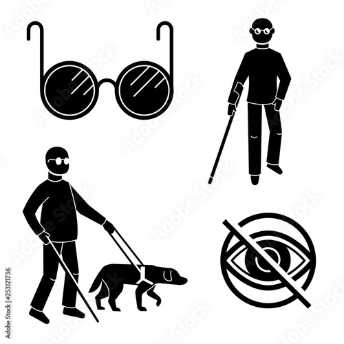 Blind people icons set. Simple set of blind people vector icons for web design on white background