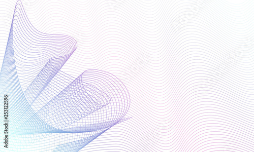 Swirl pattern on waving ripple thin lines. White background. Abstract vector multicolor waves. Guilloche art line design, purple, turquoise gradient. Technology glowing composition. EPS10 illustration