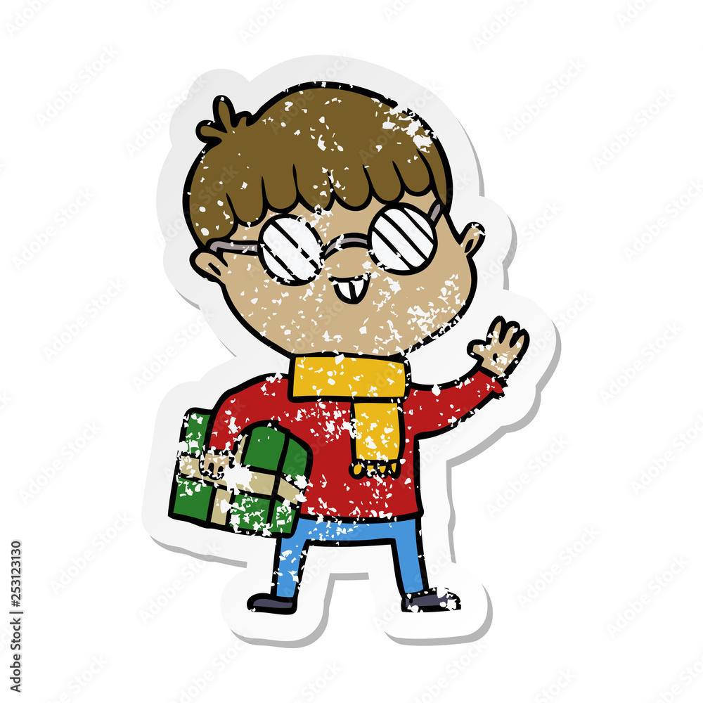 distressed sticker of a cartoon boy wearing spectacles