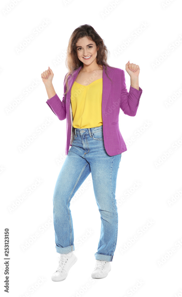 Beautiful young woman in stylish clothes on white background Beautiful young woman in stylish clothes on white background