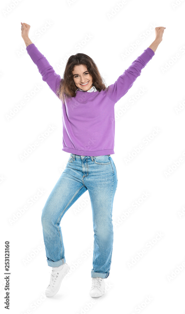 Beautiful young woman in stylish clothes on white background Beautiful young woman in stylish clothes on white background