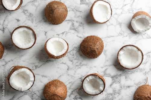 Coconut pattern on marble table, flat lay