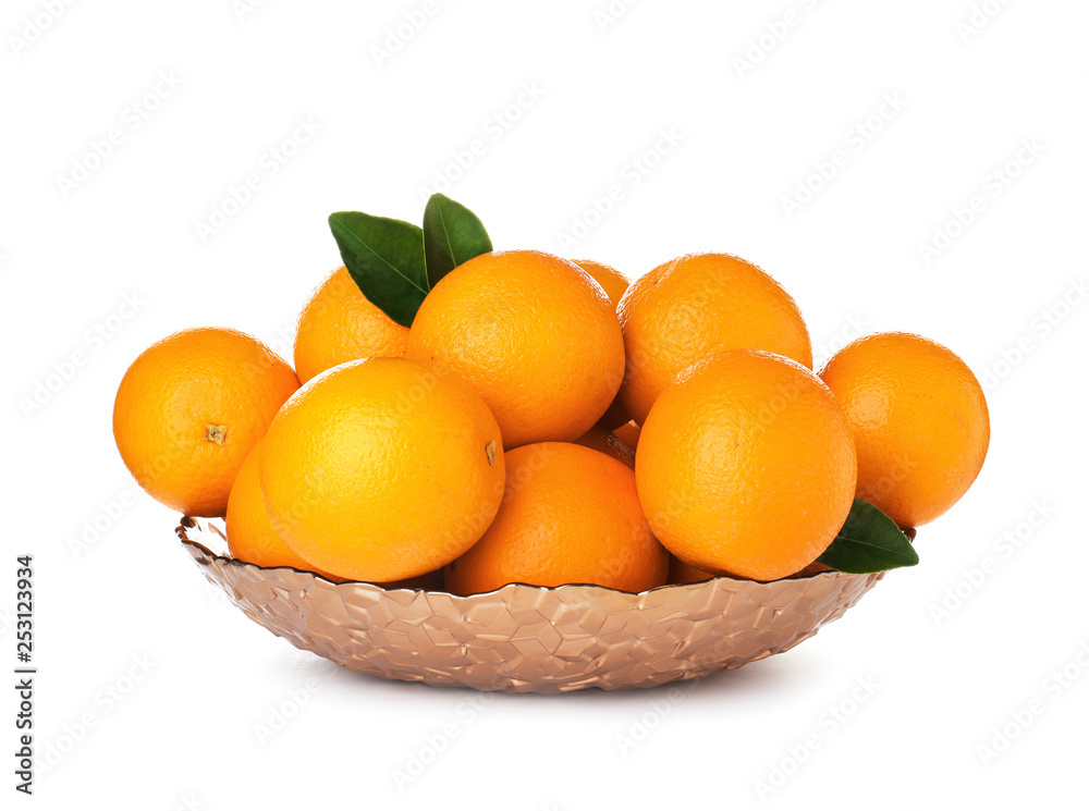 Fruit bowl with tasty oranges isolated on white Fruit bowl with tasty oranges isolated on white